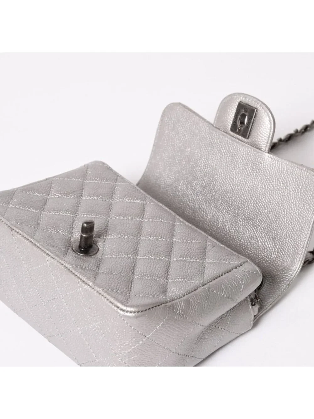 Chanel Mini Quilted 17 S Flap S Chain Shoulder Bag CC Logo Caviar Leather Silver